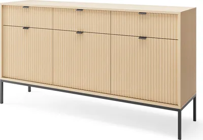 Produktbild von Furniture24 Kommode Nova KSZ154 Schrank Wohnzimmerschrank Sideboard mit 3 Türen 3 Schubladen Vincenza Eiche Mettal Griffe und Beine, 154x83x39