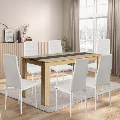 Image de Ensemble de salle à manger comprenant 6 chaises, revêtues de similicuir, à dossier haut, imitation bois de chêne, de couleur blanche, dimensions : 140 x 70 cm