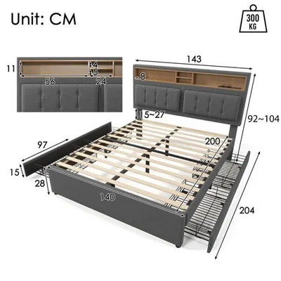Produktbild von Polsterbett 140x200 mit 4 Schubladen/USB C Steckdose, Bett Höhenverstellbarem Kopfteil, Lattenrost aus Holz Doppelbett mit Matratze