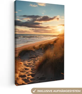 Produktbild von MuchoWow® - Leinwandbilder - Strand - Sonnenuntergang - Dünen - Meer - Sand, Wandbild, Wanddeko Bilder Wohnzimmer, 40x60 cm