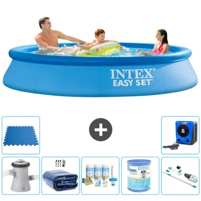 Produktbild von Intex runder aufblasbarer Easy Set-Schwimmpool – 305 x 61 cm – Blau – inklusive Pumpe Sonnensegel - Wartungspaket - Filter - Staubsauger - Bodenfliesen - Wärmepumpe