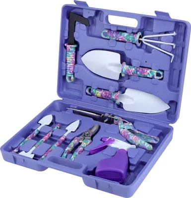 Productafbeelding van Set tuingereedschap, 10 stuks, met paarse bloemenprint, ergonomische handgreep, schop, spade, harkje, schepje, snoeischaar, plantenspuit
