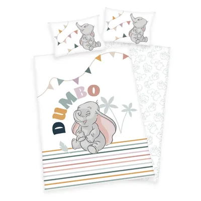 A flat lay of Dumbo-themed bedding, including a duvet cover and pillowcases, with decorative bunting and stripes.