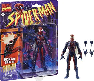 A Spider-Man action figure in its packaging, with a separate figure and accessories shown next to it.
