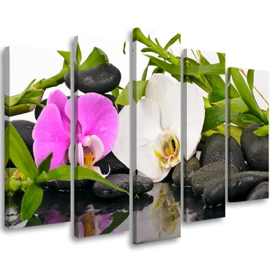Produktbild von 5-teiliges leinwandbild zen blumen bambus stein 100x70 cm Feeby farbe wandbild bereit zum aufhängen