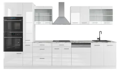 Produktbild von Küchenzeile Vicco R-Line Weiß Hochglanz/Weiß 350 cm mit Hochschrank, AP Marmor, Model 37644