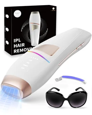 An IPL hair removal device with its packaging, sunglasses, and a razor.