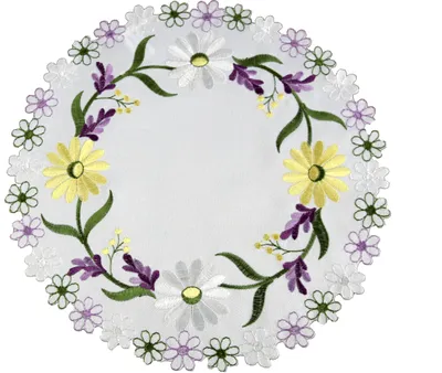Image de Serviette de table ronde brodée Fi 30, satin blanc, broderie colorée