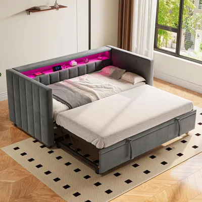 Immagine prodotto di MODFU Divano letto senza materasso 90x190 Divano letto con letto estraibile, letto singolo Divano letto con illuminazione a LED/collegamento tipo-C, grigio