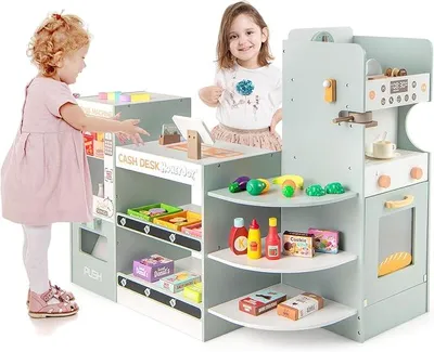 Imagen del producto de Tienda de comestibles de madera para niños, con caja registradora, máquina de café, horno, máquina expendedora, estanterías e incluye accesorios. Set de juguetes de supermercado, tienda de comestibles para niños y niñas a partir de 3 años