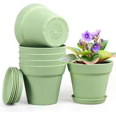 Produktbild von Blumentopf mit Untersetzer 6er Set 15,2 cm Grün Plastik mit Ablauflöchern