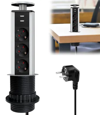 Obrázek produktu pro Vestavná zásuvka do stolu s 2 USB porty, vestavná zásuvka s 3 zásuvkami, průměr 60 mm, vestavná zásuvková lišta, vestavná zásuvka s 2 metry kabelu, zásuvková lišta do stolu, vícezásuvková lišta pro pracovní desku, kancelář, kuchyň