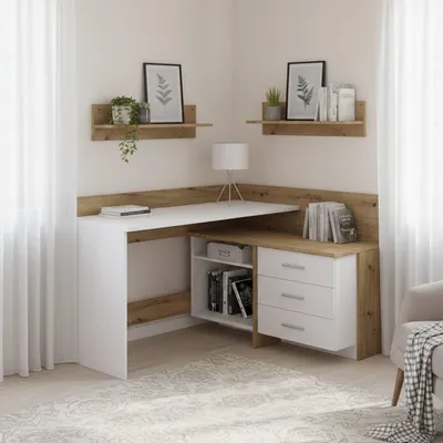 Immagine prodotto di Dmora Scrivania Elsa 111.6x130x82h cm Bianco, Angolare 3 Cassetti