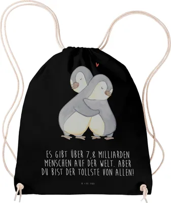 Produktbild von Mr. & Mrs. Panda Jutebeutel Pinguine Kuscheln - Schwarz - Geschenk, Mitbringsel, Freundin, Freund, Stoffbeutel, Hochzeitstag, Valentinstag, für Frauen, Turnbeutel, Beutel