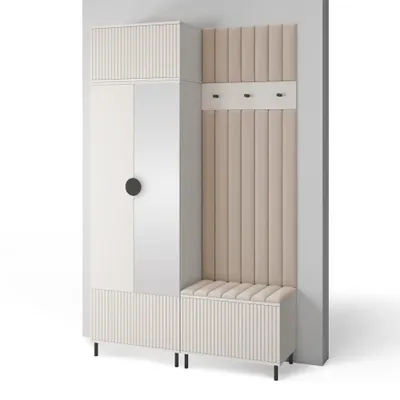 Produktbild von Garderoben-Set Ritmo version 4 – gefräste Kleiderschrank mit Polsterplatten, Schuhschrank, für Flur und Eingangsbereich (Cashmere, Trinity 02)