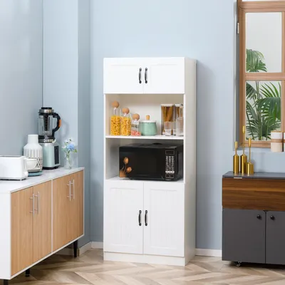 Produktbild von Küchenbuffet Landhausstil 2 Türen 2 offene Regale, Buffetschrank Hochschrank Spanplatte MDF, Weiß-Schwarz | 70x40x170 cm | 21 kg | 4 Einlegeböden