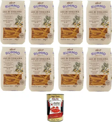 Produktbild von Rummo Penne Rigate N°66 Glutenfreie Pasta mit toskanischen Kichererbsen und braunem Reis 8x 300gr + Italian Gourmet polpa 400g