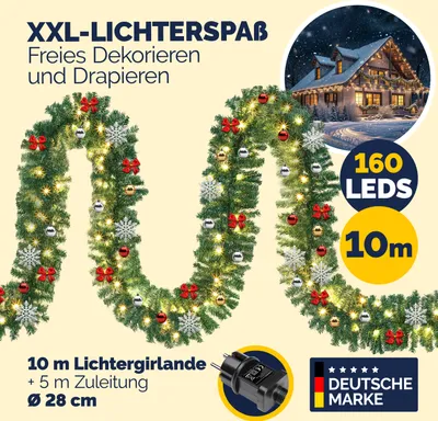 Produktbild von Casaria Weihnachtsgirlande LED Beleuchtet Innen & Außen IP44 Weihnachten Deko Weihnachtsdeko Girlande Tannengirlande Kunstgirlande, Variante:2x 10m  80 LEDs geschmückt