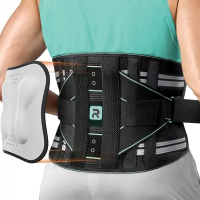 Immagine prodotto di Cintura di supporto lombare blu, con sistema di supporto lombare a 8 punti, imbottitura 3D e funzione massaggio, ideale per alleviare il mal di schiena