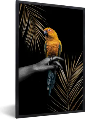 Produktbild von MuchoWow® MuchoWow® Gerahmtes Poster Grün - Papagei - Pflanzen 40x60 cm - Poster mit zchwarzem Bilderrahmen - Papierdruck - Wandbilder