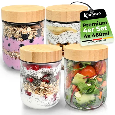 Image de Pots de conservation en verre - Lot de 4 - 480 ml - Hermétique - Couvercle en bambou - Pour overnight oats et flocons d'avoine