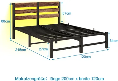 Immagine prodotto di okwish letti classici 120x200 struttura letto in metallo con LED, letto per ragazzi con stazione di ricarica USB, letto a piattaforma con struttura in metallo e doghe in acciaio, nero-marrone (senza materasso)