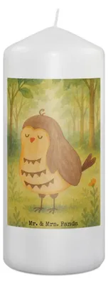 Produktbild von Mr. & Mrs. Panda Kerze Eule Zufrieden Design 19 x 8 cm - Weiß - Geschenk, Erinnerungslicht, Wachskerze, Blockkerze, Owl, Müde, Stumpenkerze, Hochzeitstag, glücklich