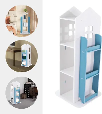 Immagine prodotto di Libreria girevole - Torre portaoggetti a forma di castello a 4 ripiani - Ruotabile a 360° - Capacità di carico 100 kg - Per libri per bambini, camera da letto/soggiorno - Blu