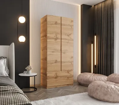 Produktbild von Drehtürenschrank 190x70x48 cm Eiche Wotan mit 2 Schubladen – Moderner Kleiderschrank ideal für Schlafzimmer und Flur