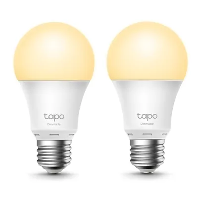 Two white smart light bulbs with yellow light emitted from the top, placed side-by-side on a white background.