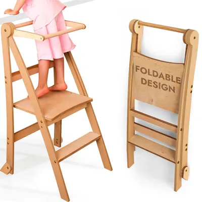 Produktbild von Holz Lernleiter Montessori platzsparend: Klappbare Lernleiter, Hocker für Kinder, Faltbare Kindertreppe, Lernleiter mit Kippschutz