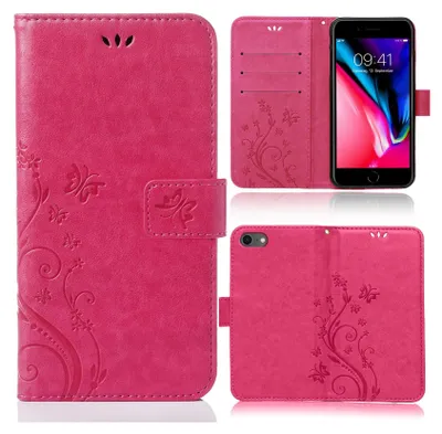 A collage of images showing a pink bookstyle phone case with a floral design, both open and closed, and a phone inside.