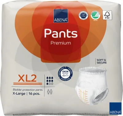 The image shows the packaging of Abena Pants Premium XL2 bladder protection pants.