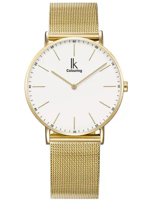 Produktbild von Alienwork Damen Herren Armbanduhr Quarz gold mit Metall Mesh Armband Edelstahl weiss Ultra-flach Slim-Uhr