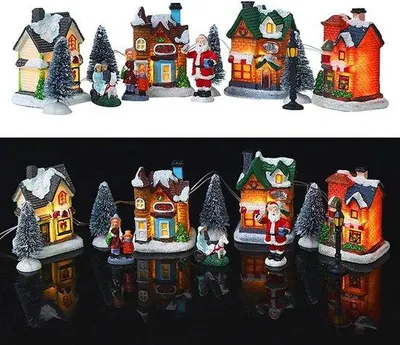 Productafbeelding van Sfeervol Verlicht Kerstdorp Set Hars Miniaturen - LED Kersttafereel Stadsbeeld