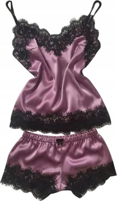 Immagine prodotto di Pigiama - Set da notte - per donna - Raso - Camicia da notte con pantaloncini - con pizzo - Taglia unica - Viola