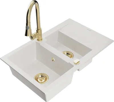 Produktbild von Mexen Gaspar 1,5-Becken-Granitspüle mit Abtropffläche und Mischbatterie Elia, Weiß - 6507-20-670101-50