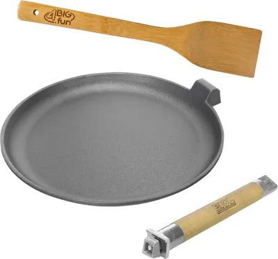 Produktbild von Pfannkuchen Bratpfanne aus Gusseisen 22 cm BRIZOLL mit Holzgriff abschraubbar und Pfannenwender von 4big.fun *** Pancake Crepes *** Alle Herdarten inkl. Induktion *** Crepepfanne Omlettpfanne