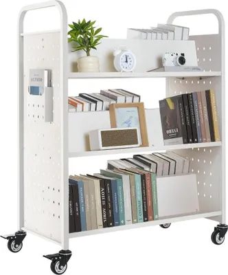 Image de Chariot bibliothèque Chariot à livres - Chariot à étagères 150kg - Dimensions 97x51,5x122,5cm - Couleur blanc