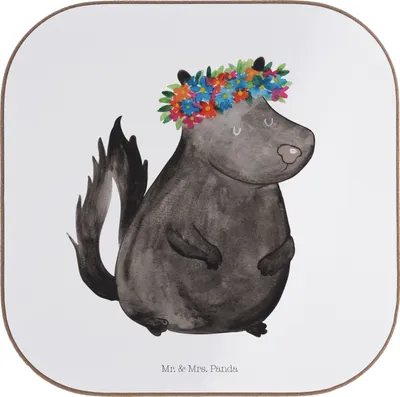Produktbild von Mr. & Mrs. Panda Tassenuntersetzer Stinktier Mädchen - Weiß - Geschenk, Untersetzer für Gläser, Coaster, Yoga, Wildtier, Raubtier, gläseruntersetzer, Namaste, Skunk