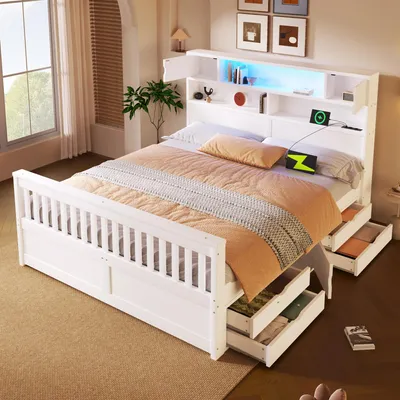 Produktbild von Flieks Doppelbett Jugendbett 160x200cm mit 4 Schubladen, Klassisches Bett mit LED und USB, Stauraumbett Holzbett mit Ablagen, Weiß