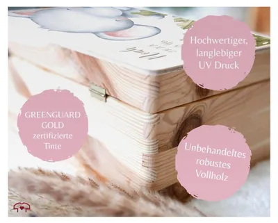 Produktbild von Holz Erinnerungsbox Geschenkbox - Personalisiertes Geschenk zur Geburt - Elefant mit Geburtsdaten
