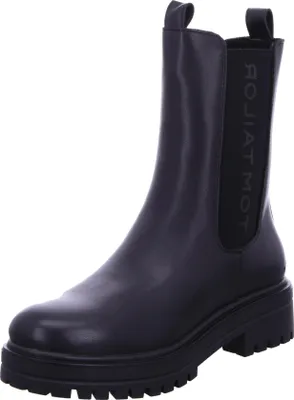 A black Chelsea boot with a thick sole is shown against a white background.