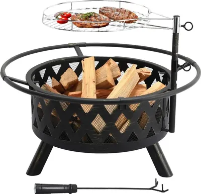 Immagine prodotto di Ciotola per il fuoco - Focolare da giardino con griglia - Ghisa - Griglia a carbone - Griglia regolabile in altezza - Parascintille - Facile da pulire