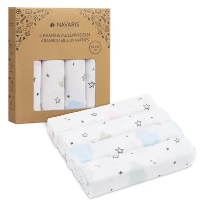 Produktbild von Navaris Baby Mullwindel Set - 4x Mulltuch zum Stillen Pucken Wickeln - 80x80cm Pucktuch Spucktuch - Stilltuch aus Viskose und Baumwolle - weiß blau