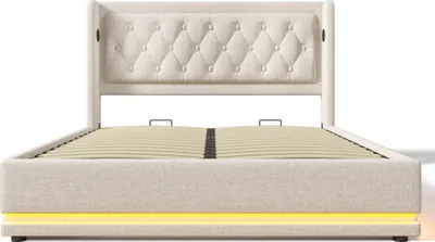 Produktbild von Flieks Polsterbett 180x200cm mit USB & Typ-C, Doppelbett Jugendbett mit LED, Hydraulisches Stauraumbett Boxspringbett mit Lattenrost, Baumwolle, Beige