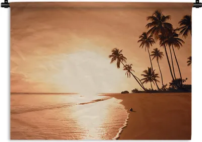 Produktbild von MuchoWow® Wandteppich Wandbehang Sonnenuntergang - Tropisch - Palme - Strand - Meer 90x67.5 cm Tapisserie Dekoration Wandtuch - Fototeppich - Wand-Skulpturen