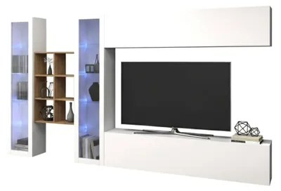 Produktbild von Wohnzimmermöbel Dcaprin, Wohnzimmer-Set TV-Möbel mit 4 Türen, Mehrzweck-Wohnmöbel, 100%  Italy, cm 280x30h180, glänzend weiß und Ahorn