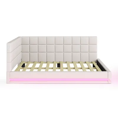 Produktbild von Flieks Polsterbett 140x200cm mit USB & LED, Tagesbett Schlafsofa mit Lattenrost, Doppelbett Jugendbett Gästebett Daybett Funktionsbett, Leinen, Beige