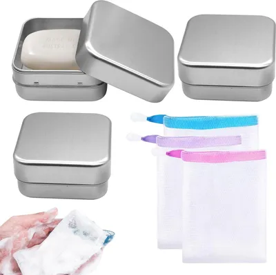 Produktbild von Reisa Seifenbox mit Abtropfgitter und Seifensäckchen für Rasierseife und feste Shampoo - Praktische Aluminium-Seifenbox mit Deckel für Duschgel - Ideal für Reisen - Nachhaltiges und praktisches Design.